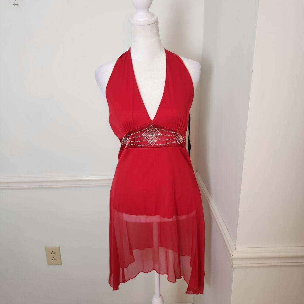 Vtg 90s Y2K Lipstick Tank Top Size Small Mesh Red Halter McBling Fairy Grunge